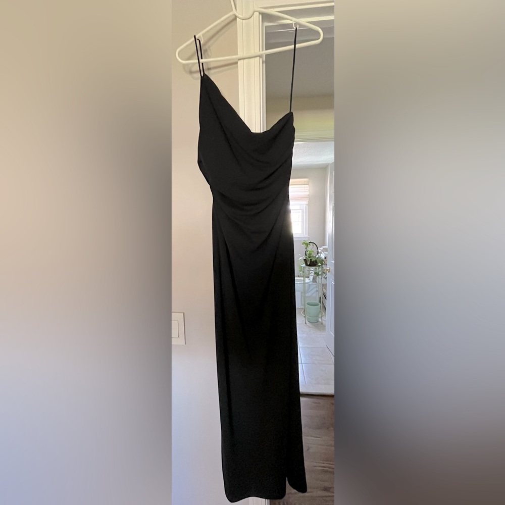 Black formal gown w/ asymmetric neck, size 10.